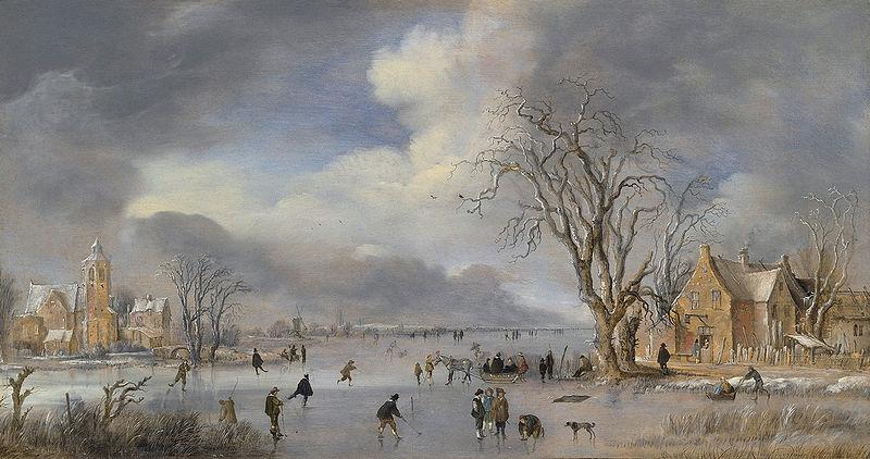 Aert van der Neer A winter landscape with skaters and kolf players on a frozen river